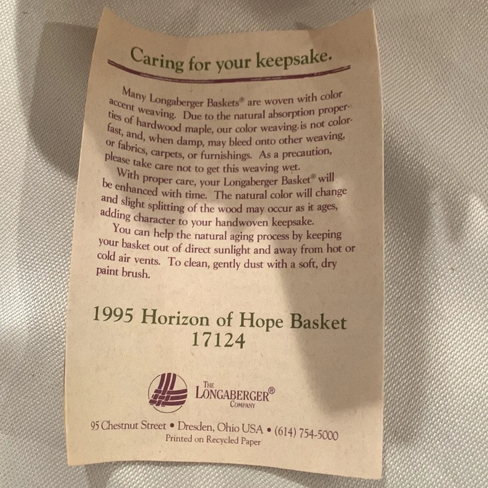 Longaberger 1995 Horizon Of Hope Cancer Basket. First In The Series. RARE